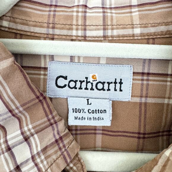 Carhartt Mens Short Sleeve Button Shirt Size L 100% Cotton Work Plaid Tan - Picture 2 of 7